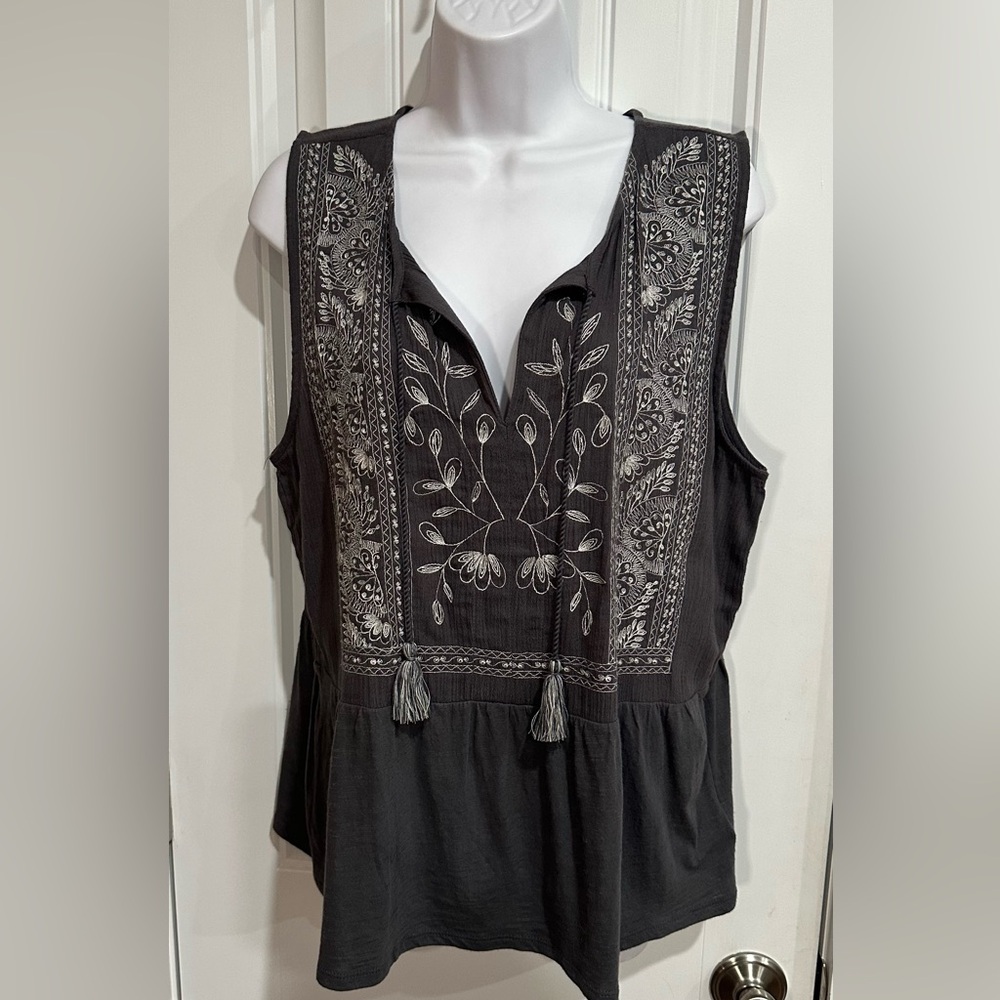 LUCKY BRAND Boho Embroidered Top, Size L